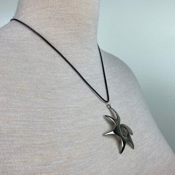 Silver Tone Modernist Swirl Sun Pendant Black Cord - Picture 4 of 6